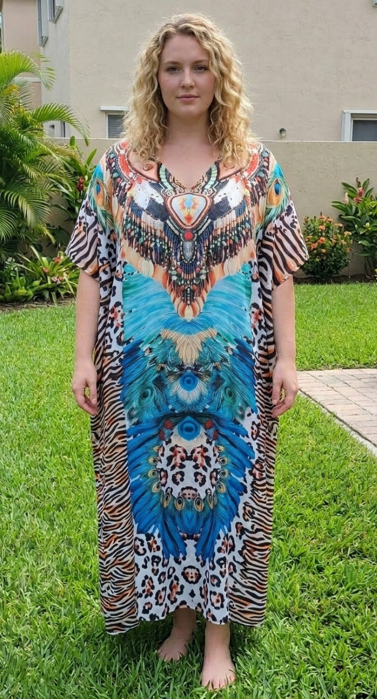 Turquoise Animal Print Satin Women Plus Size Kaftan Resort Dress