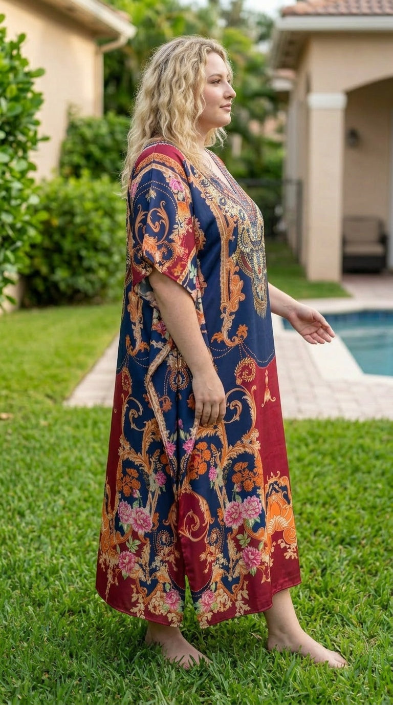 Red Bohemian Satin Women Plus Size Kaftan Party Dress