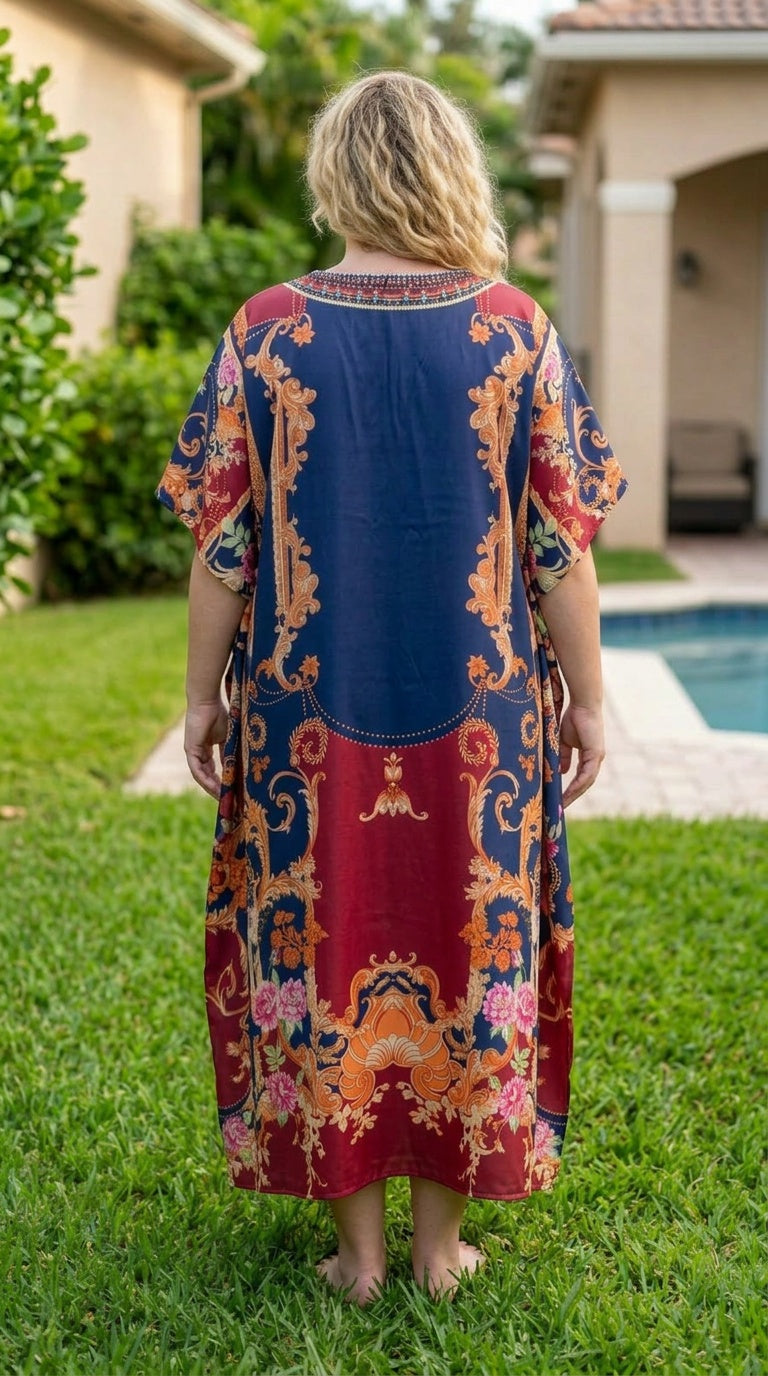 Red Bohemian Satin Women Plus Size Kaftan Party Dress