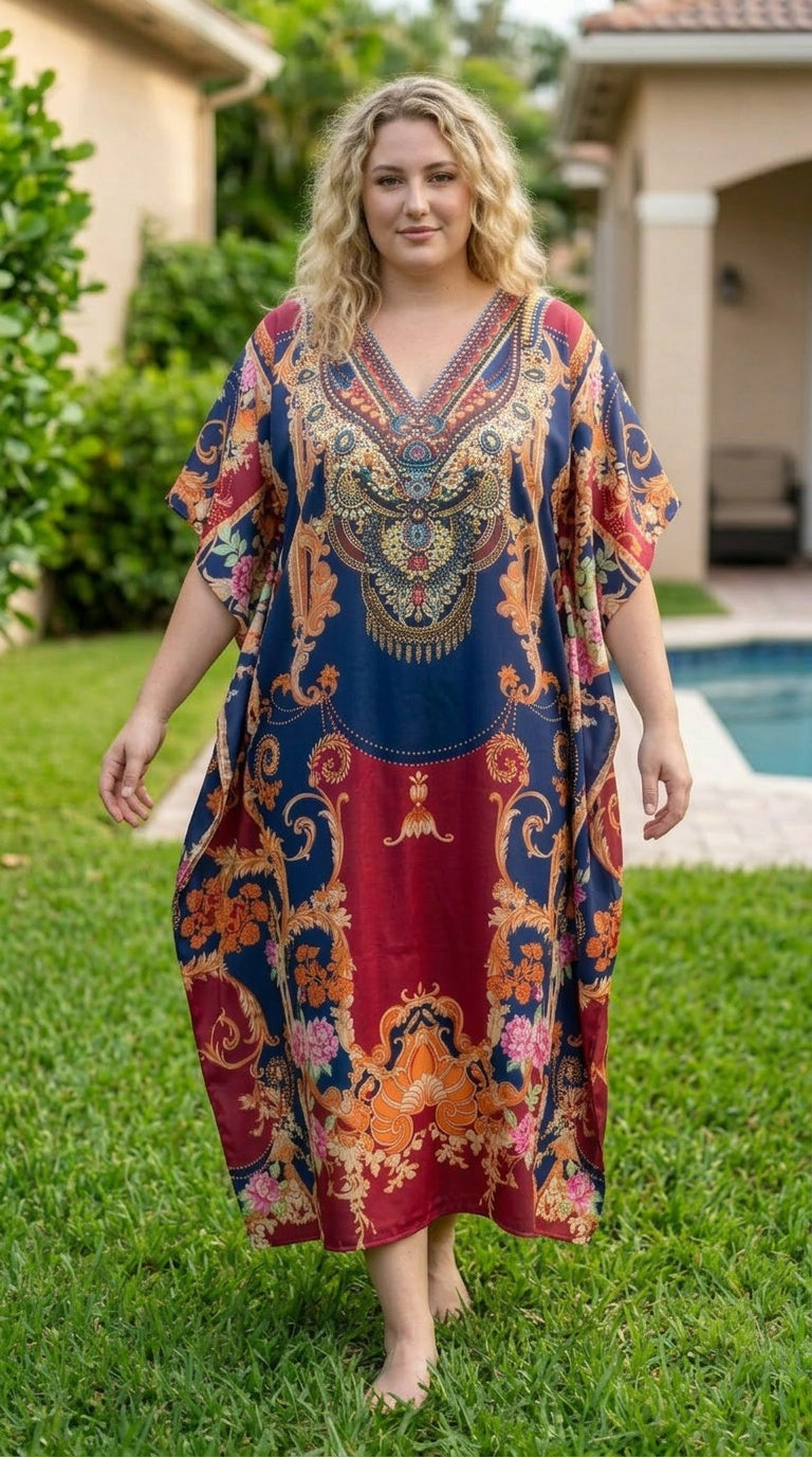 Red Bohemian Satin Women Plus Size Kaftan Party Dress
