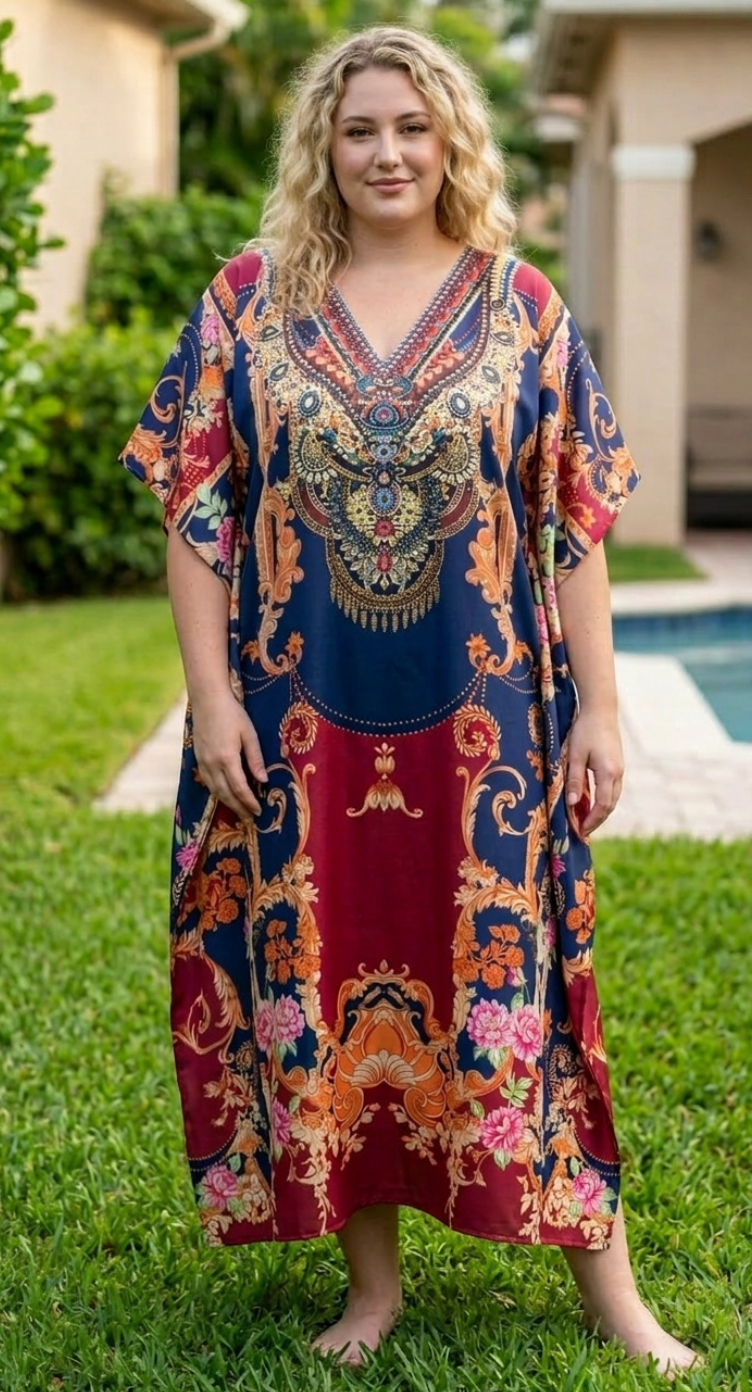 Red Bohemian Satin Women Plus Size Kaftan Party Dress