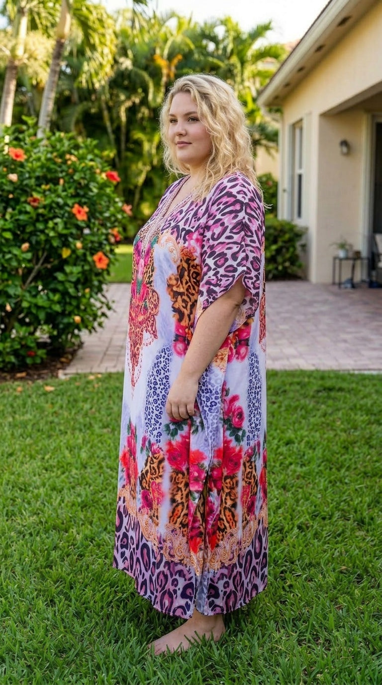 Lavender Floral Satin Women Plus Size Kaftan Elegant Dress