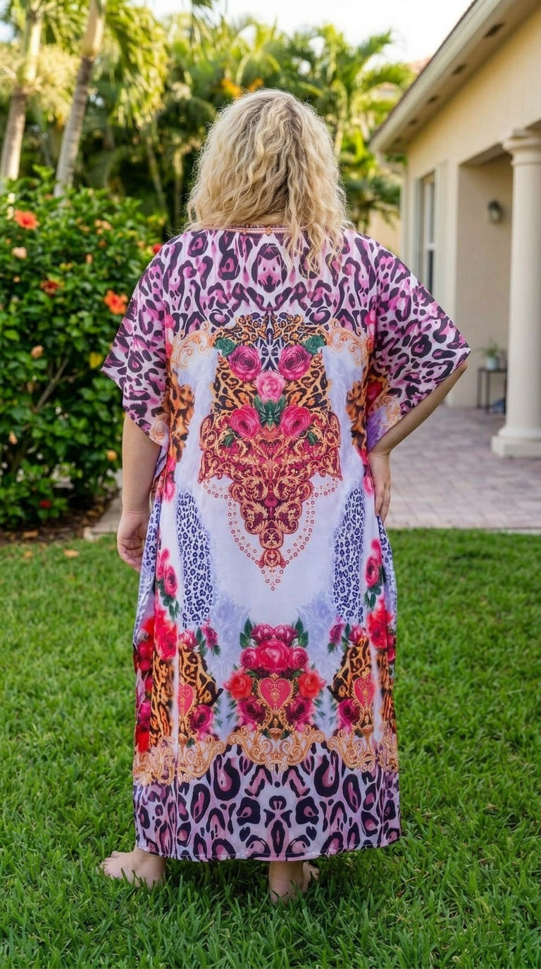 Lavender Floral Satin Women Plus Size Kaftan Elegant Dress