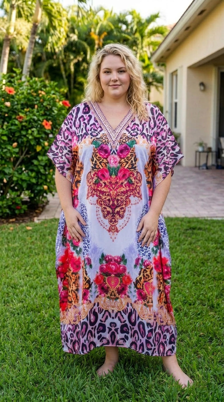 Lavender Floral Satin Women Plus Size Kaftan Elegant Dress