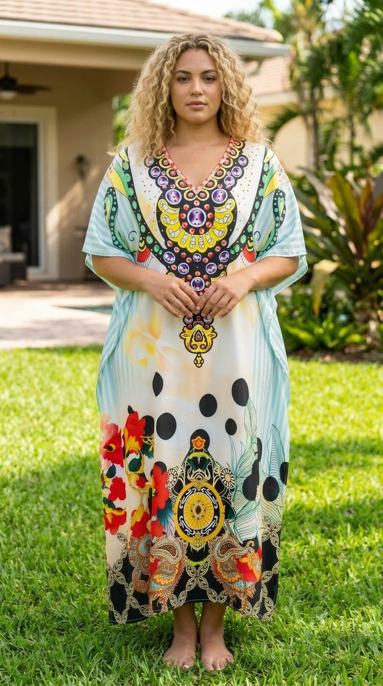 Mint Green Ornamental Print Satin Women Plus Size Kaftan Summer Dress