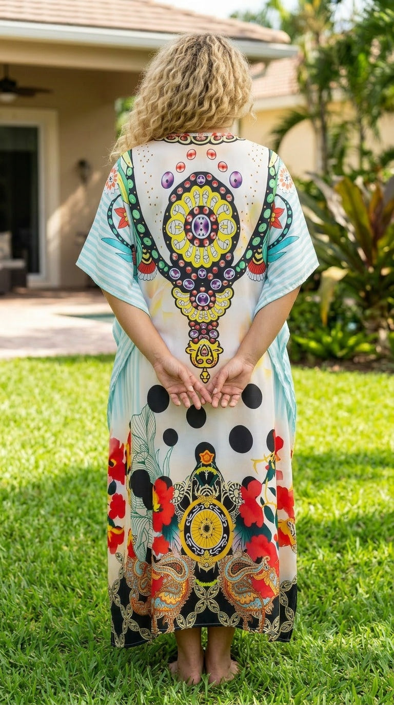 Mint Green Ornamental Print Satin Women Plus Size Kaftan Summer Dress