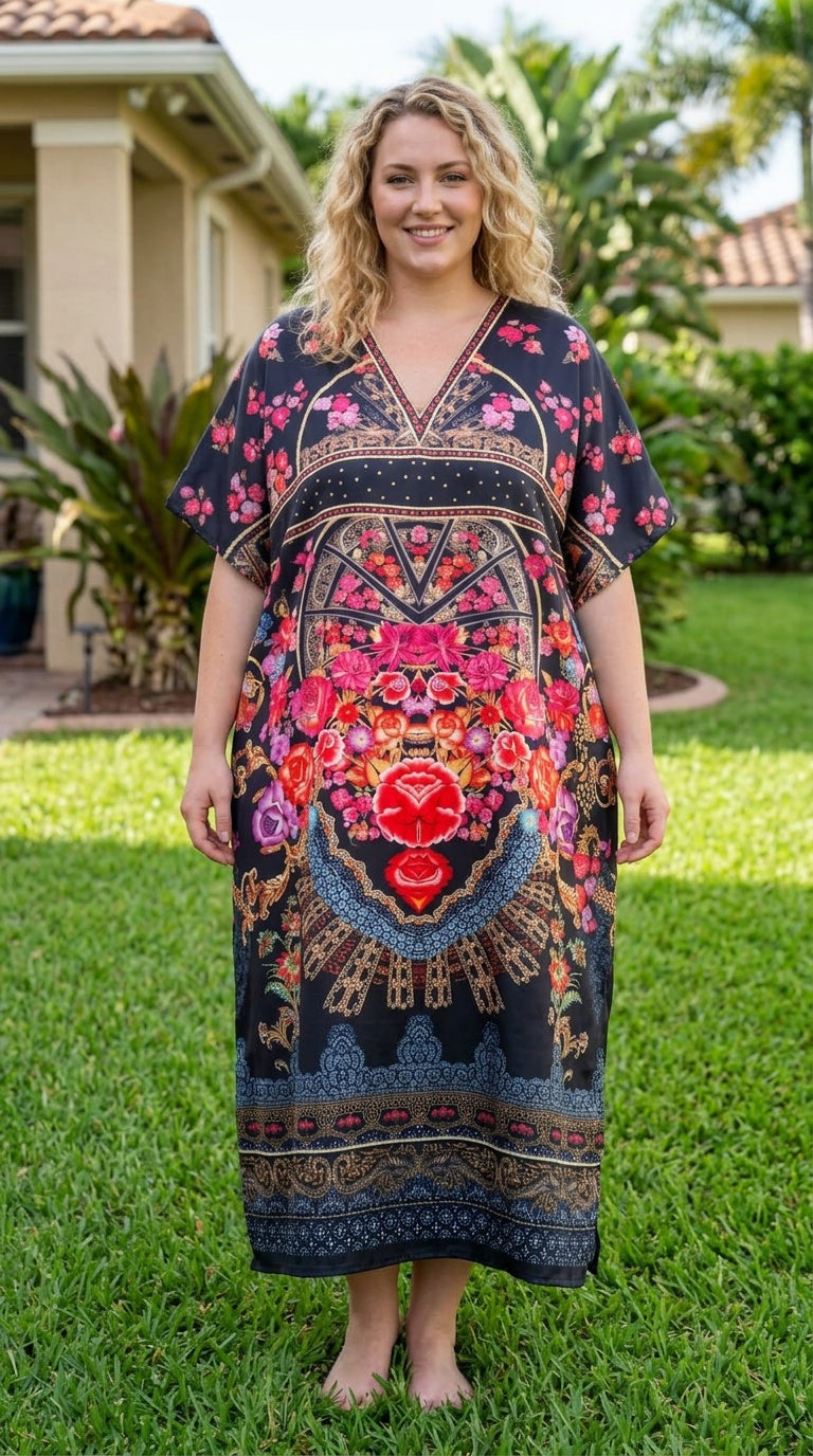 Black Floral Satin Women Plus Size Kaftan Evening Dress