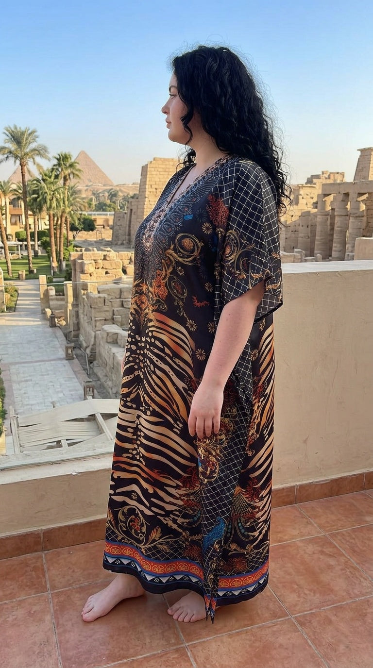 Black Animal Print Satin Women Plus Size Kaftan Resort Dress