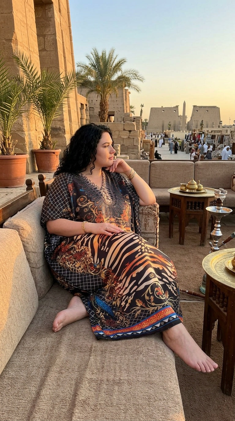 Black Animal Print Satin Women Plus Size Kaftan Resort Dress