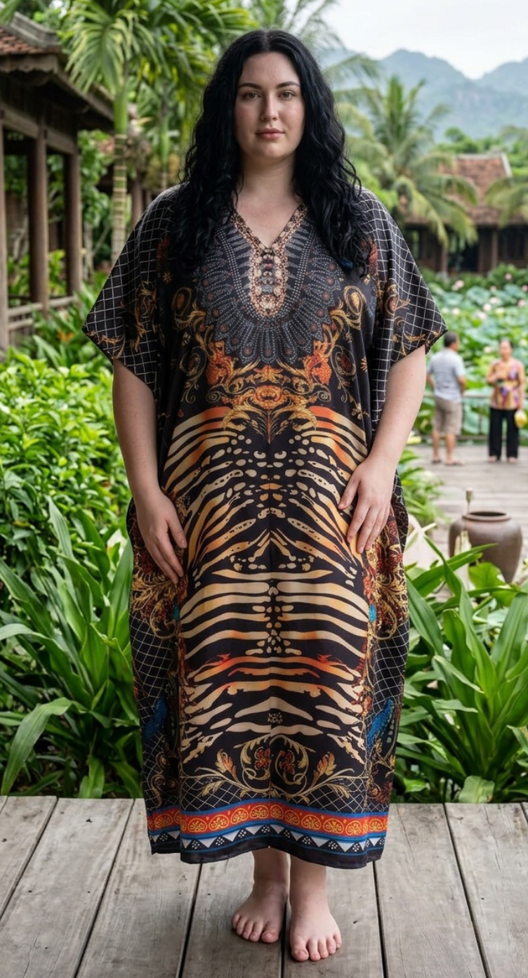 Black Animal Print Satin Women Plus Size Kaftan Resort Dress