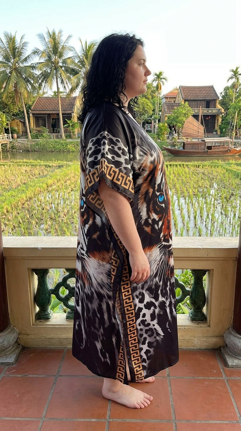 Black Animal Print Satin Women Plus Size Kaftan Tropical Dress