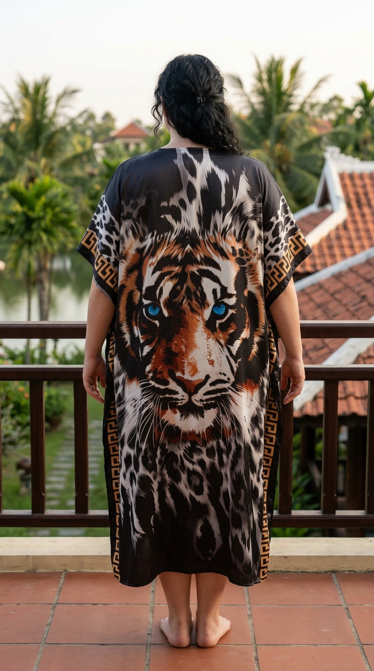Black Animal Print Satin Women Plus Size Kaftan Tropical Dress