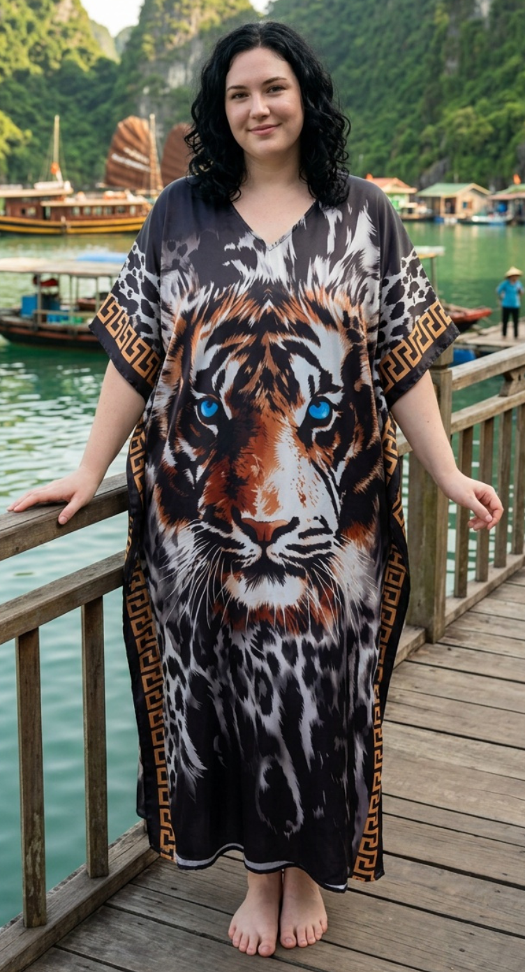 Black Animal Print Satin Women Plus Size Kaftan Tropical Dress