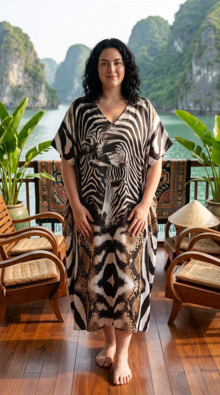 Black White Abstract Satin Women Plus Size Kaftan Evening Dress