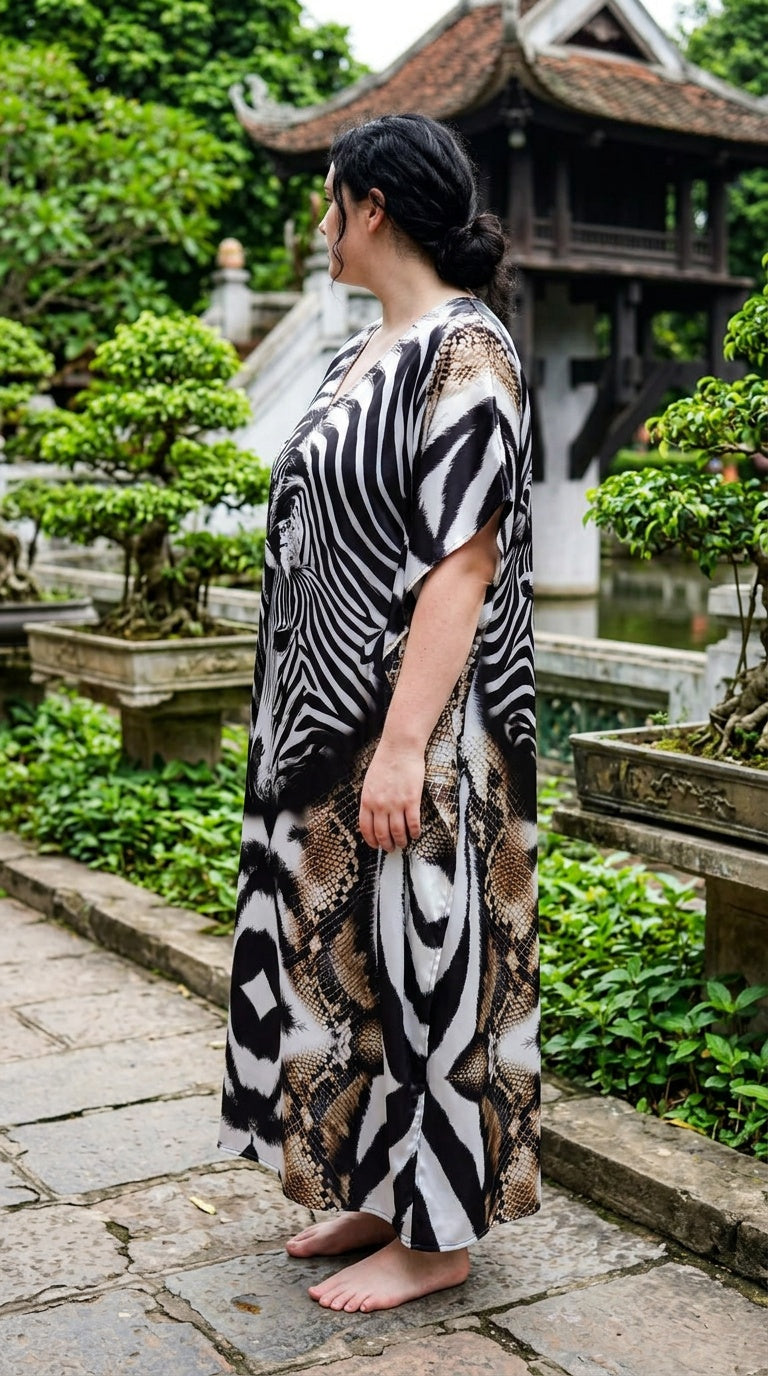 Black White Abstract Satin Women Plus Size Kaftan Evening Dress