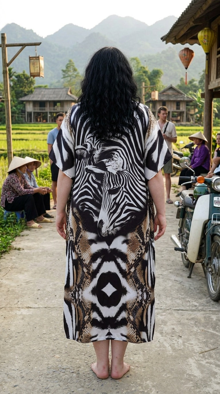 Black White Abstract Satin Women Plus Size Kaftan Evening Dress