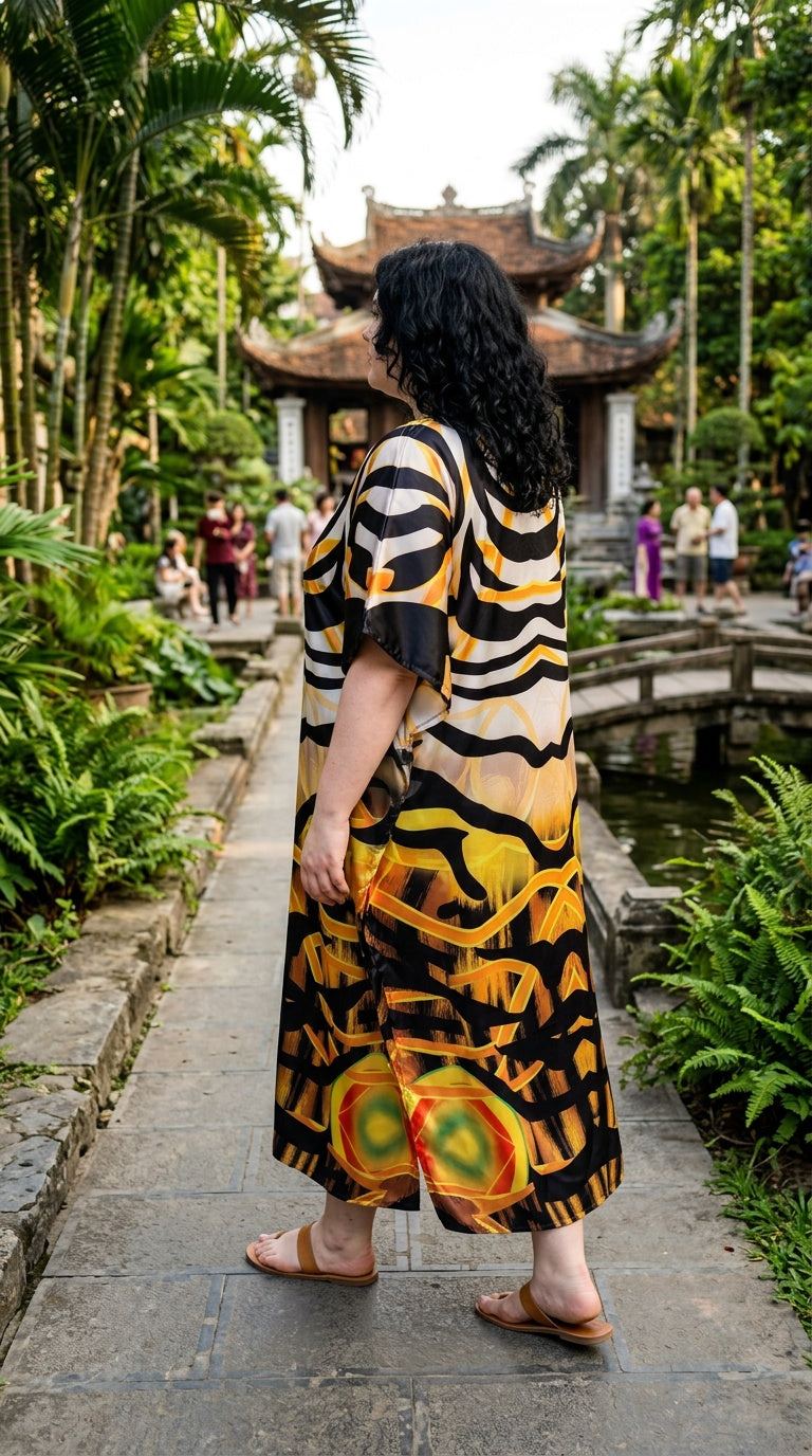 Orange Abstract Satin Women Plus Size Kaftan Brunch Dress