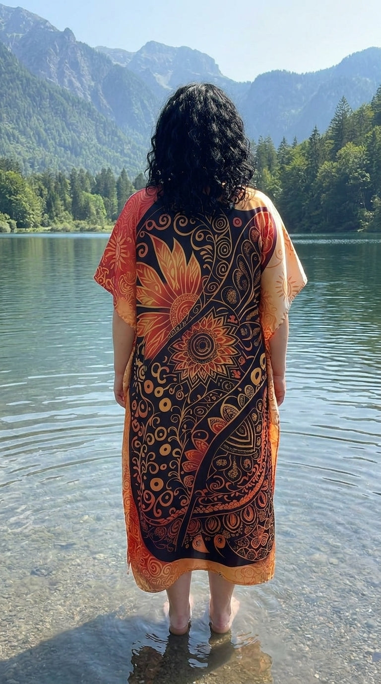 Orange Mandala Print Satin Women Plus Size Kaftan Holiday Dress 1X-3X
