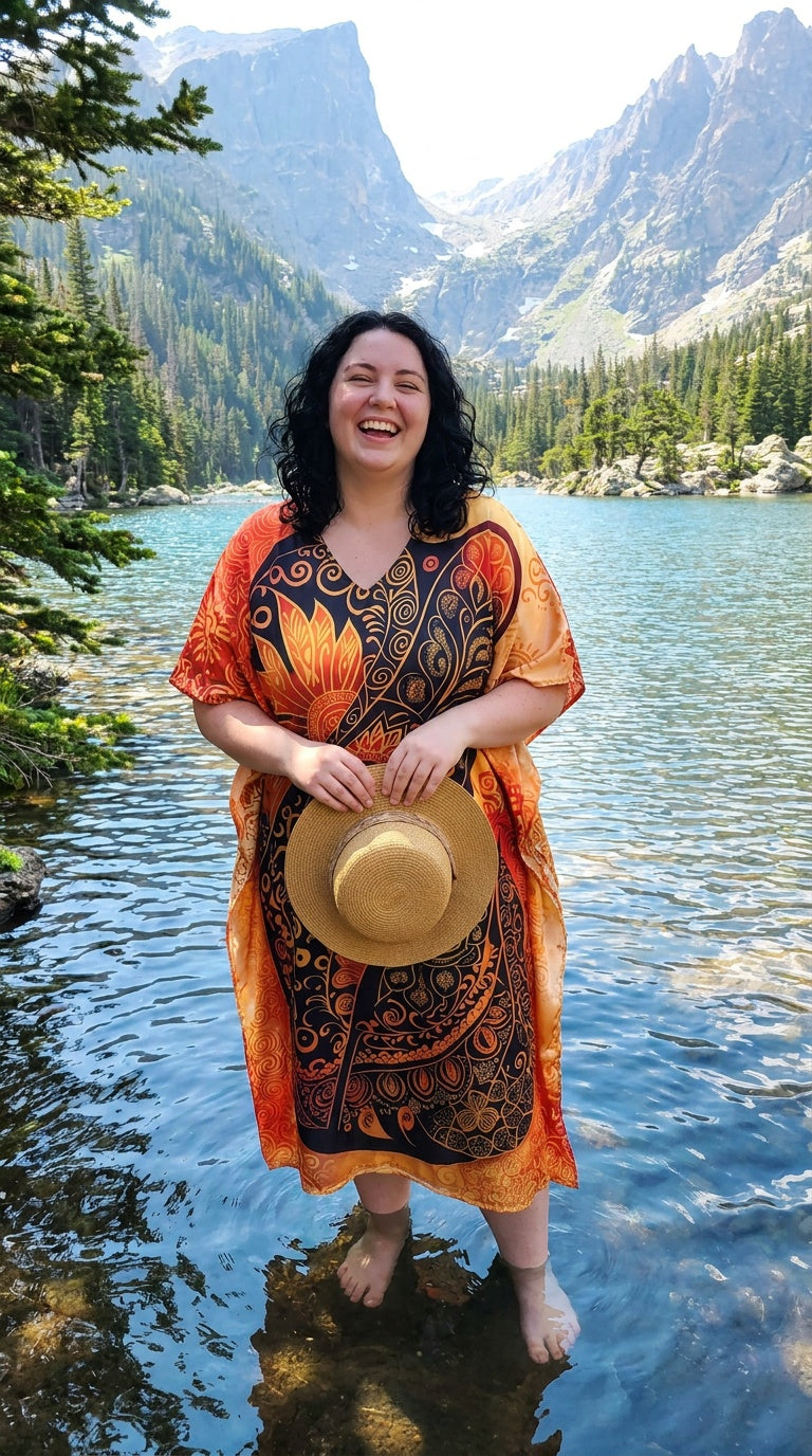 Orange Mandala Print Satin Women Plus Size Kaftan Holiday Dress 1X-3X