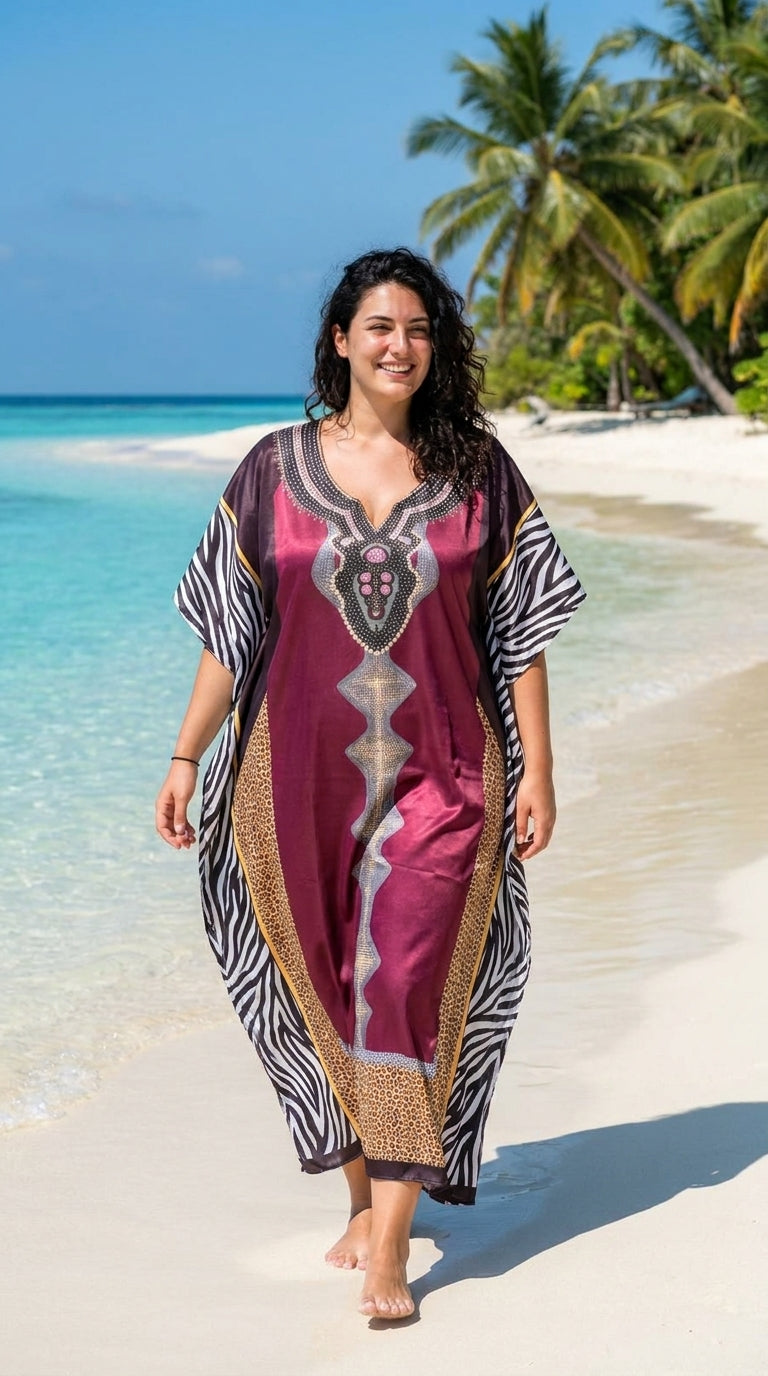 Burgundy Ornamental Print Satin Women Plus Size Kaftan Travel Dress 1X-3X