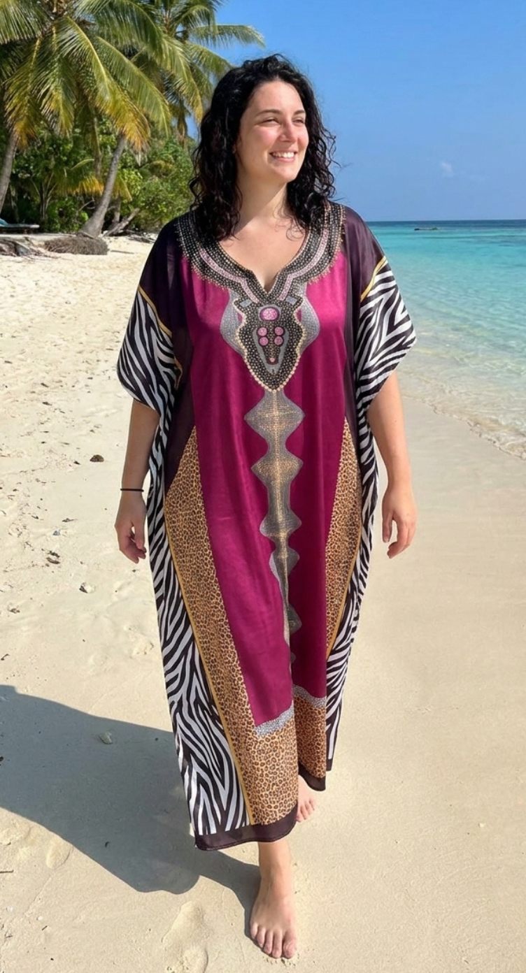 Burgundy Ornamental Print Satin Women Plus Size Kaftan Travel Dress 1X-3X
