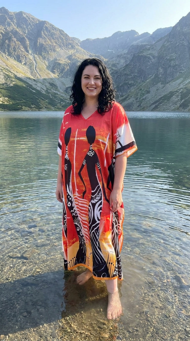 Red Tribal Print Satin Women Plus Size Kaftan Evening Dress 1X-3X