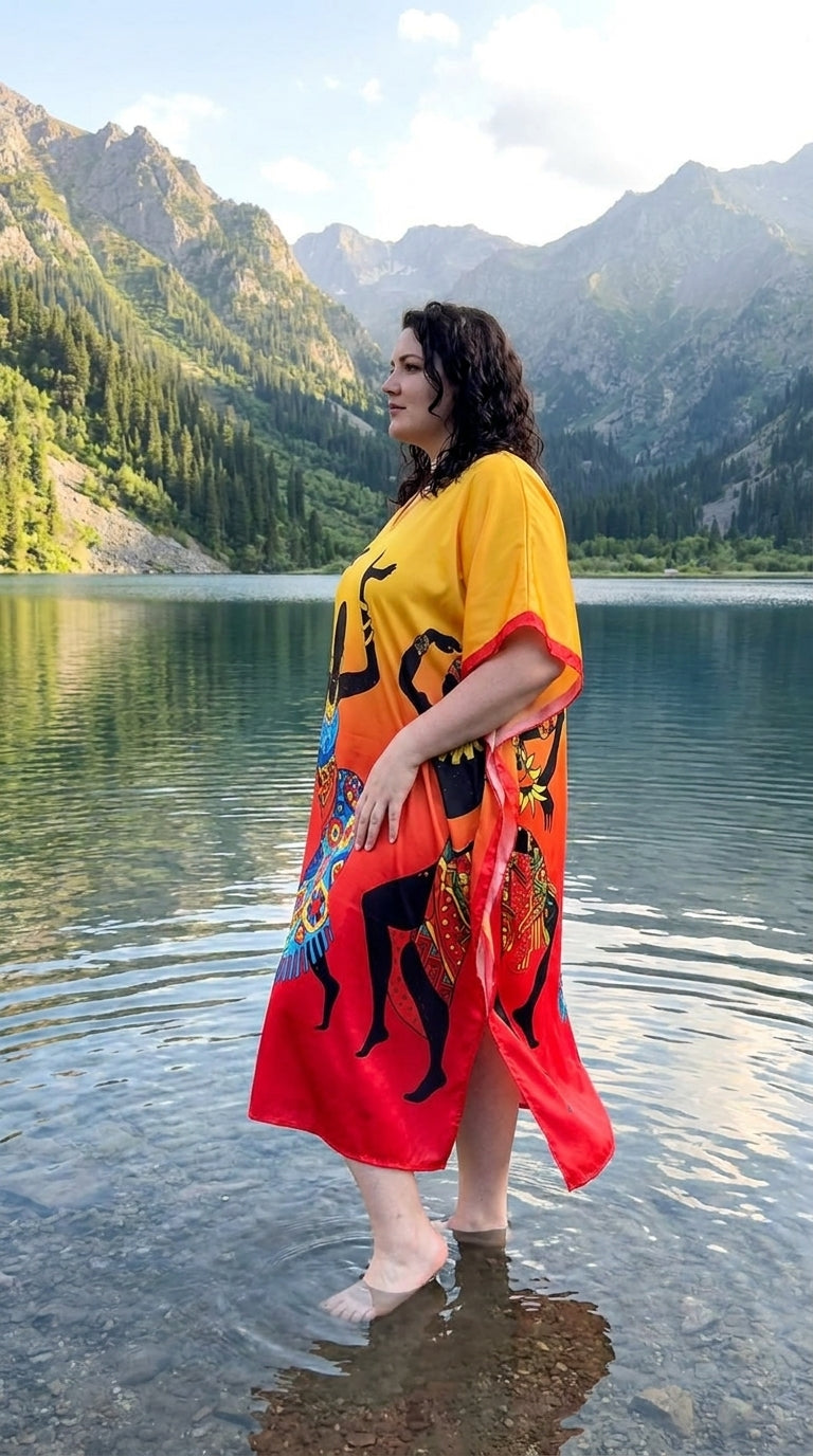 Yellow Tribal Print Satin Women Plus Size Kaftan Poolside Dress 1X-3X