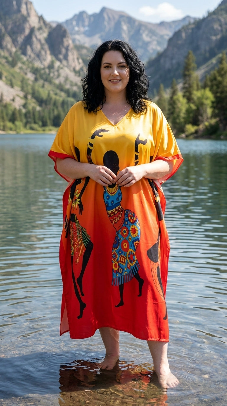Yellow Tribal Print Satin Women Plus Size Kaftan Poolside Dress 1X-3X