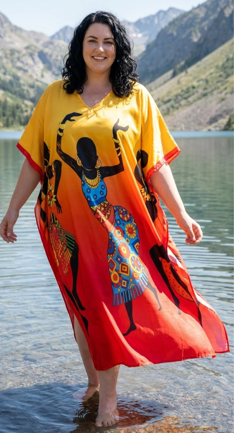 Yellow Tribal Print Satin Women Plus Size Kaftan Poolside Dress 1X-3X