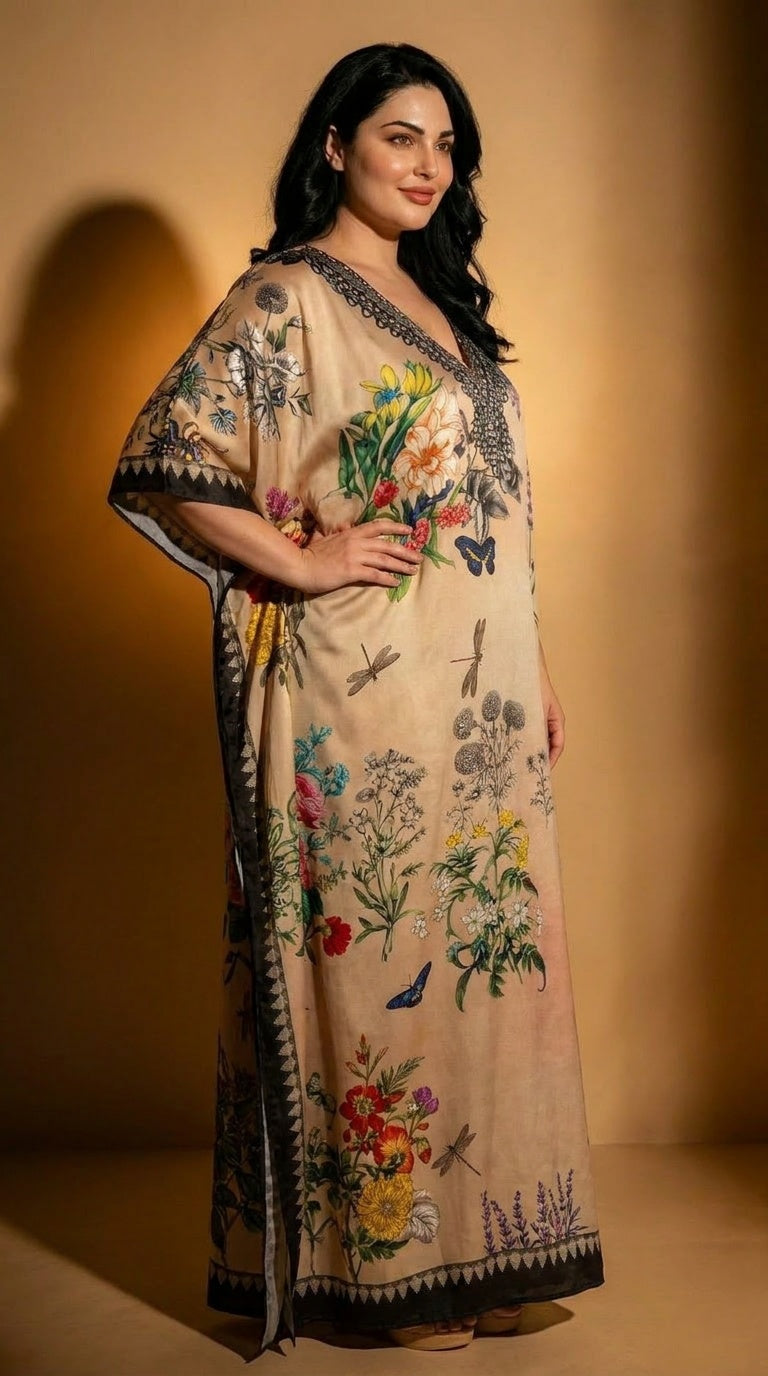 Beige Floral Print Satin Women Plus Size Kaftan Garden Party Dress 1X-3X