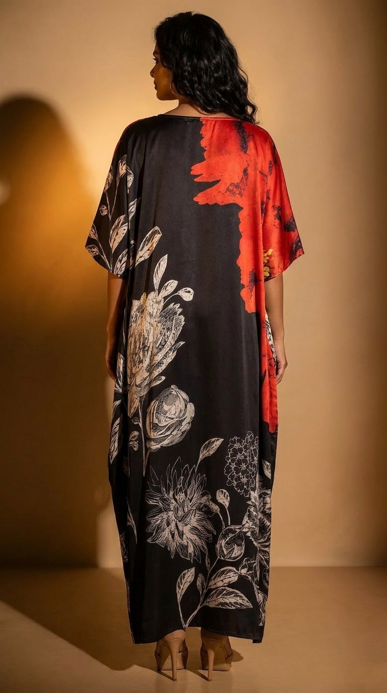 Black Floral Print Satin Women Plus Size Kaftan Beach Dress 1X-3X