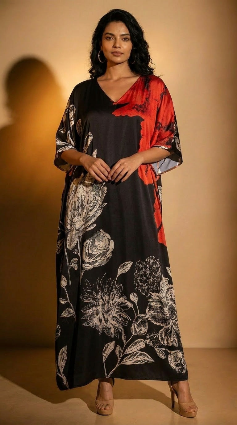 Black Floral Print Satin Women Plus Size Kaftan Beach Dress 1X-3X