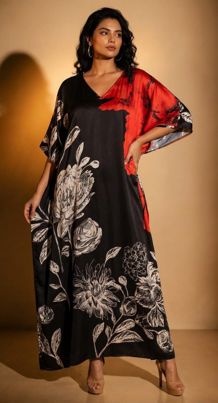 Black Floral Print Satin Women Plus Size Kaftan Beach Dress 1X-3X