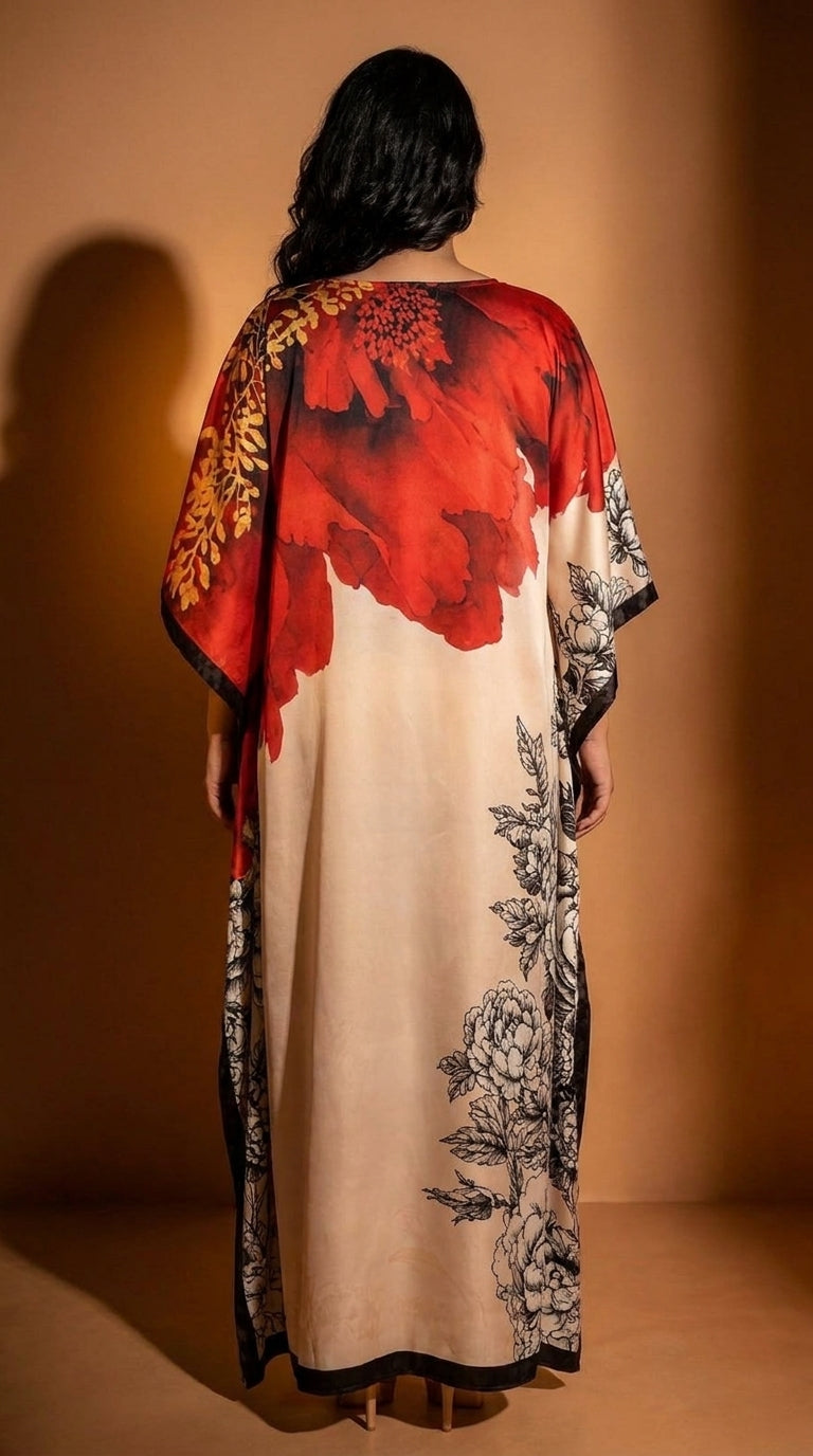 Cream Floral Print Satin Women Plus Size Kaftan Resort Wear 1X-3X