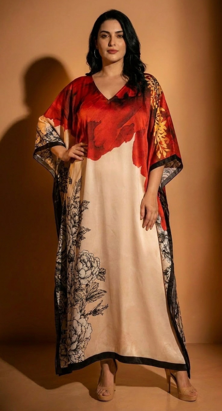 Cream Floral Print Satin Women Plus Size Kaftan Resort Wear 1X-3X
