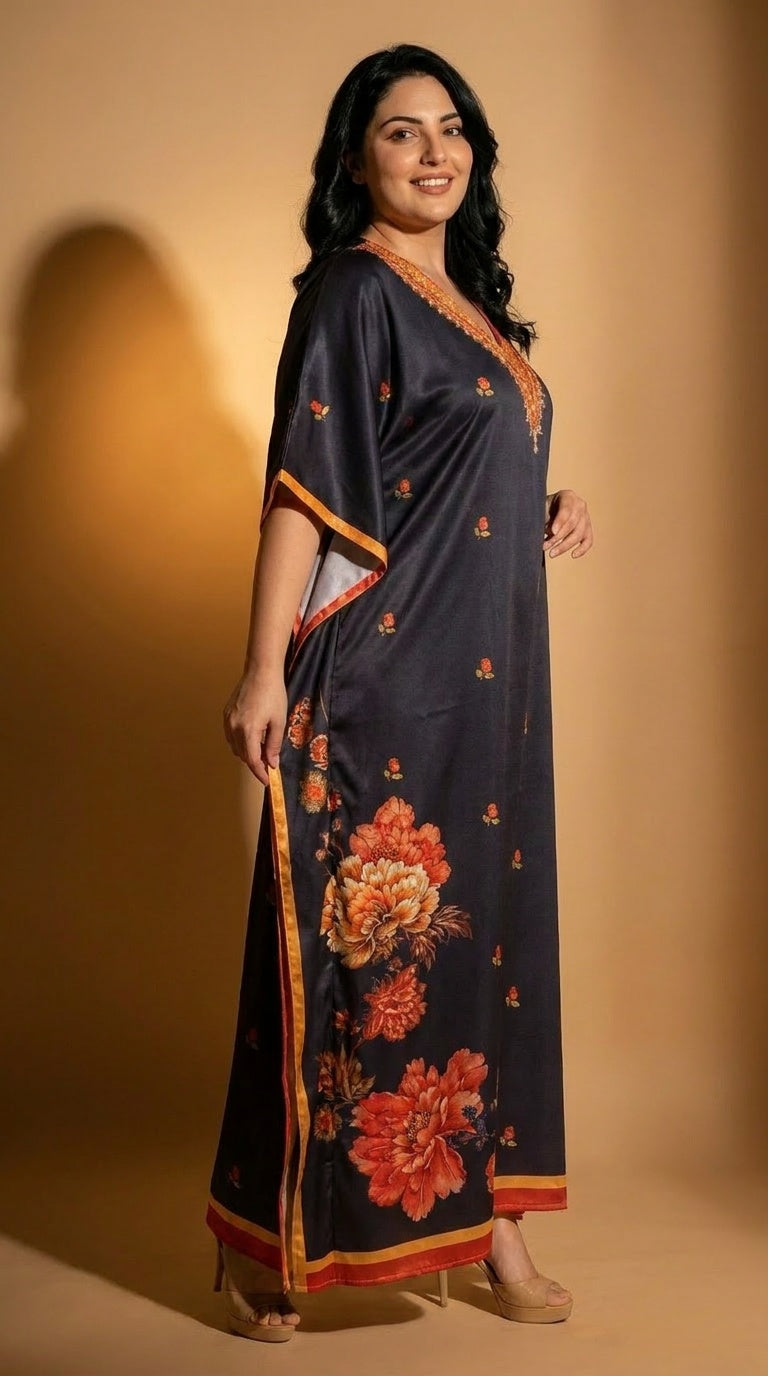 Black Floral Print Satin Women Plus Size Kaftan Evening Wear 1X-3X
