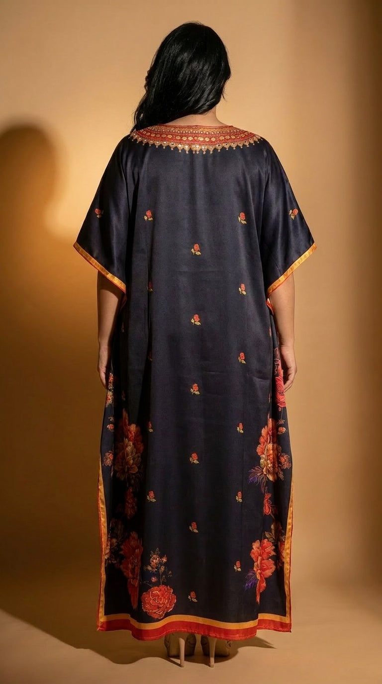 Black Floral Print Satin Women Plus Size Kaftan Evening Wear 1X-3X