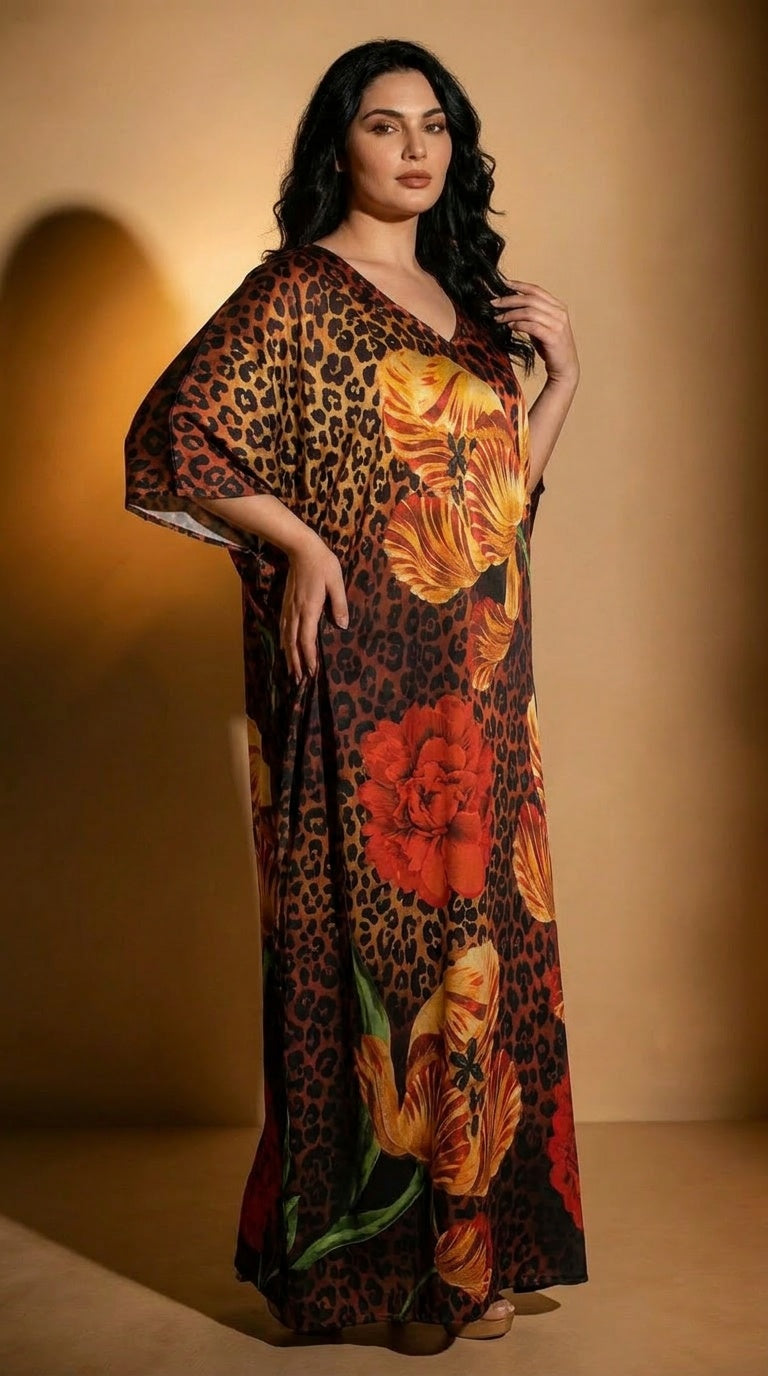 Dark Brown Tropical Print Satin Women Plus Size Kaftan Vacation Dress 1X-3X