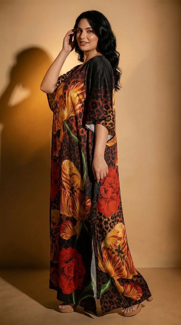 Dark Brown Tropical Print Satin Women Plus Size Kaftan Vacation Dress 1X-3X