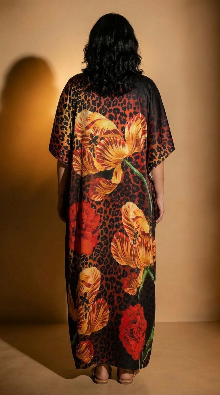 Dark Brown Tropical Print Satin Women Plus Size Kaftan Vacation Dress 1X-3X