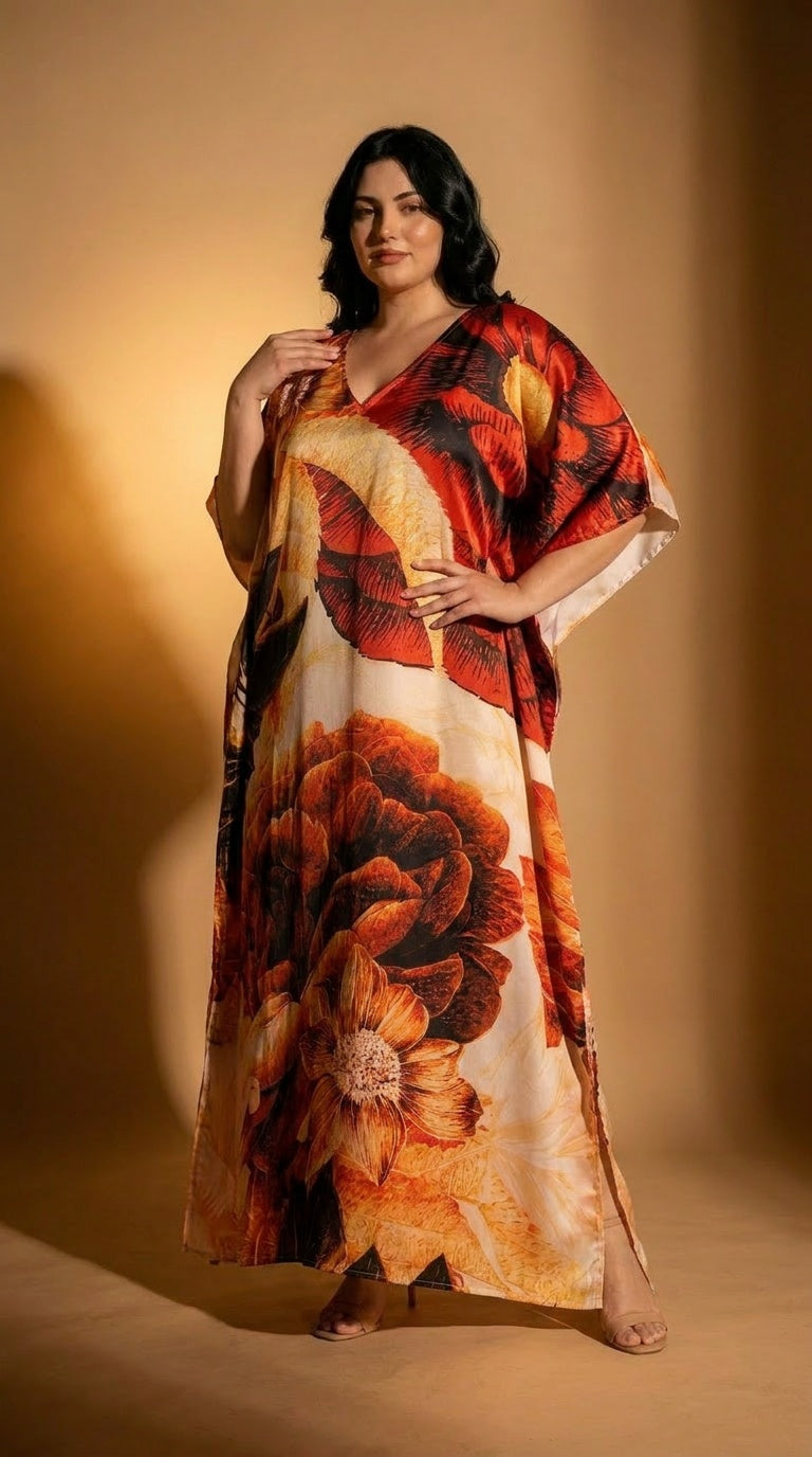 Cream Floral Print Satin Women Plus Size Kaftan Leisure Dress 1X-3X