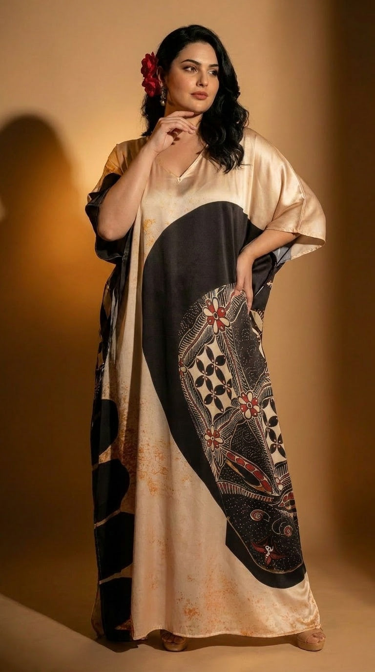 Beige Abstract Print Satin Women Plus Size Kaftan Casual Dress 1X-3X