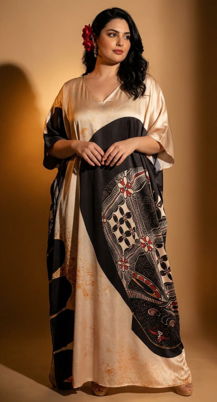 Beige Abstract Print Satin Women Plus Size Kaftan Casual Dress 1X-3X
