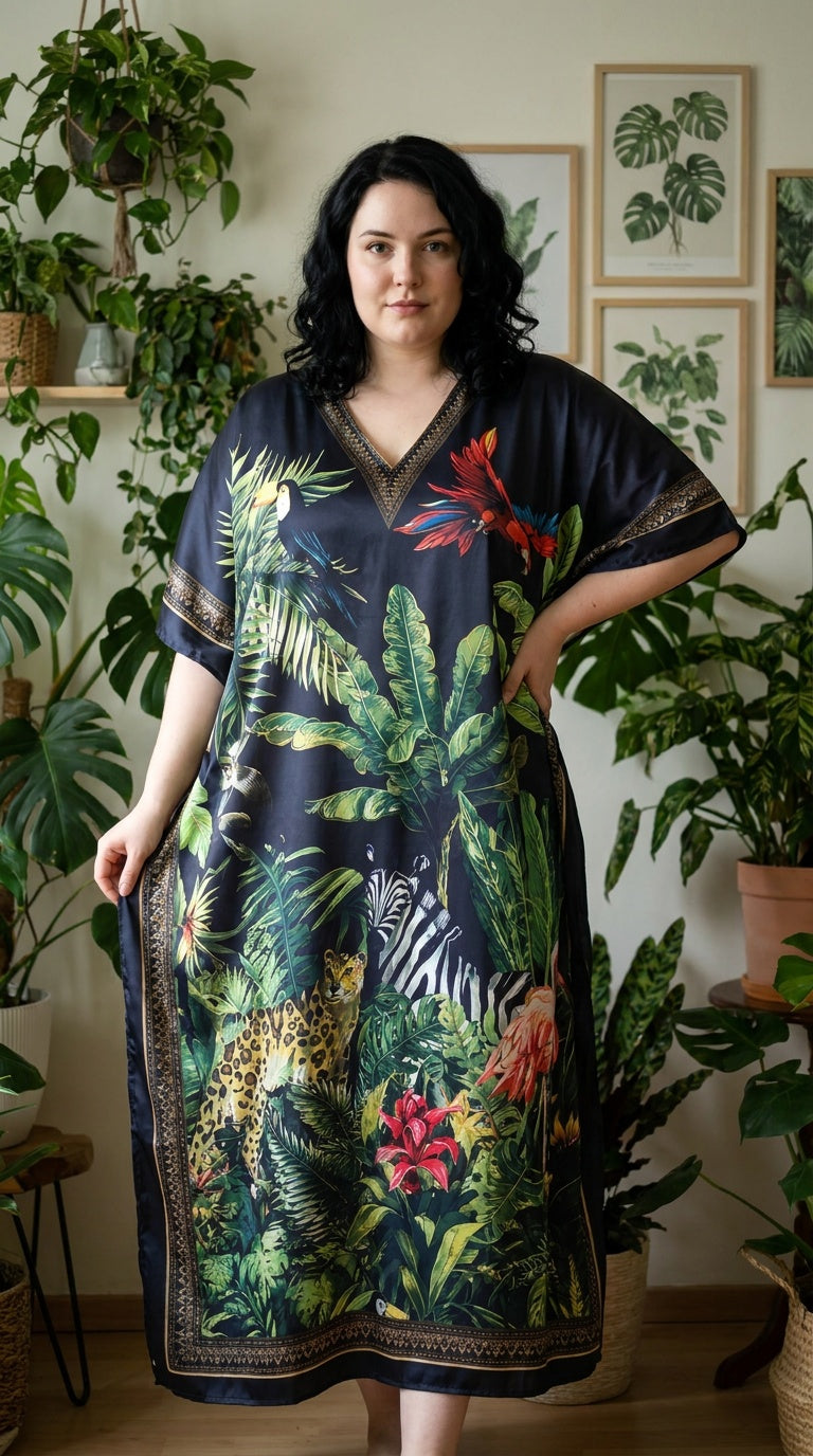 Black Tropical Print Satin Women Plus Size Kaftan Summer Dress 1X-3X - Gypsie Blu