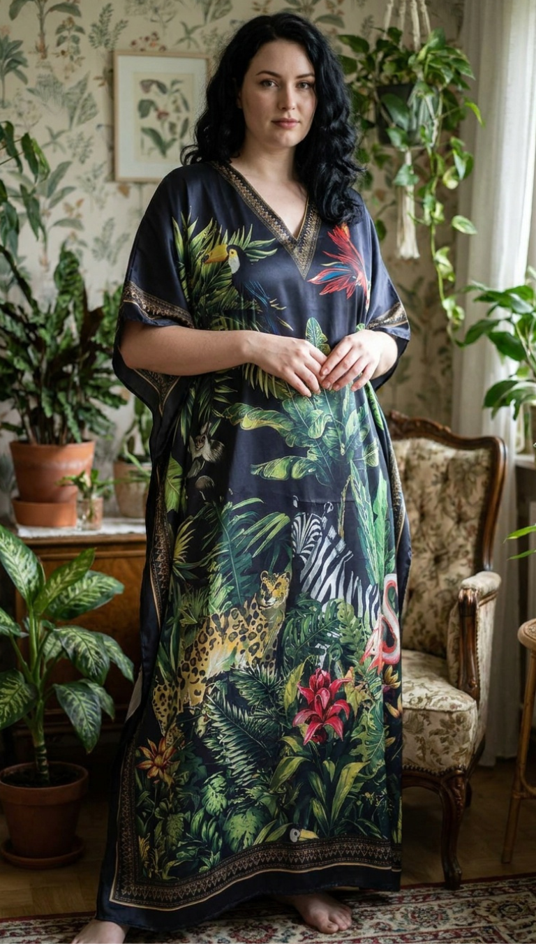 Black Tropical Print Satin Women Plus Size Kaftan Summer Dress 1X-3X