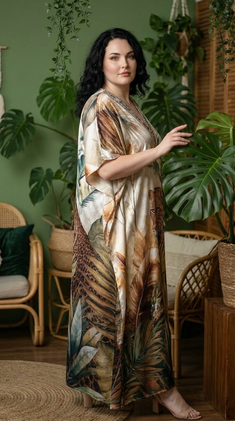 Ivory Cream Leopard Print Satin Women Plus Size Kaftan Casual Dress 1X-3X - Gypsie Blu