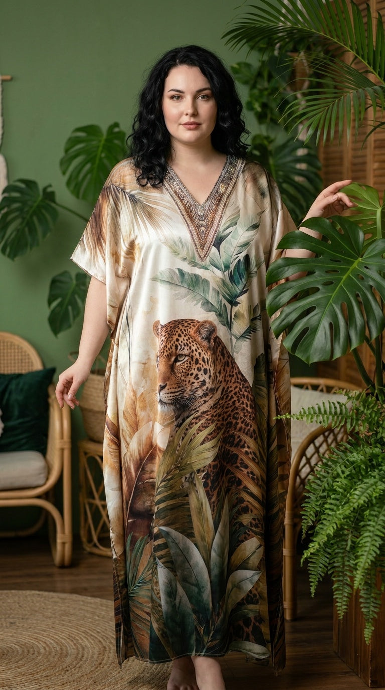 Ivory Cream Leopard Print Satin Women Plus Size Kaftan Casual Dress 1X-3X - Gypsie Blu