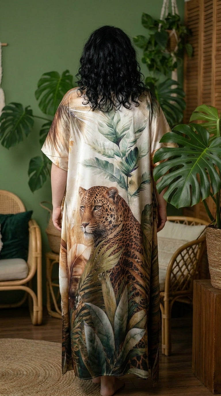 Ivory Cream Leopard Print Satin Women Plus Size Kaftan Casual Dress 1X-3X