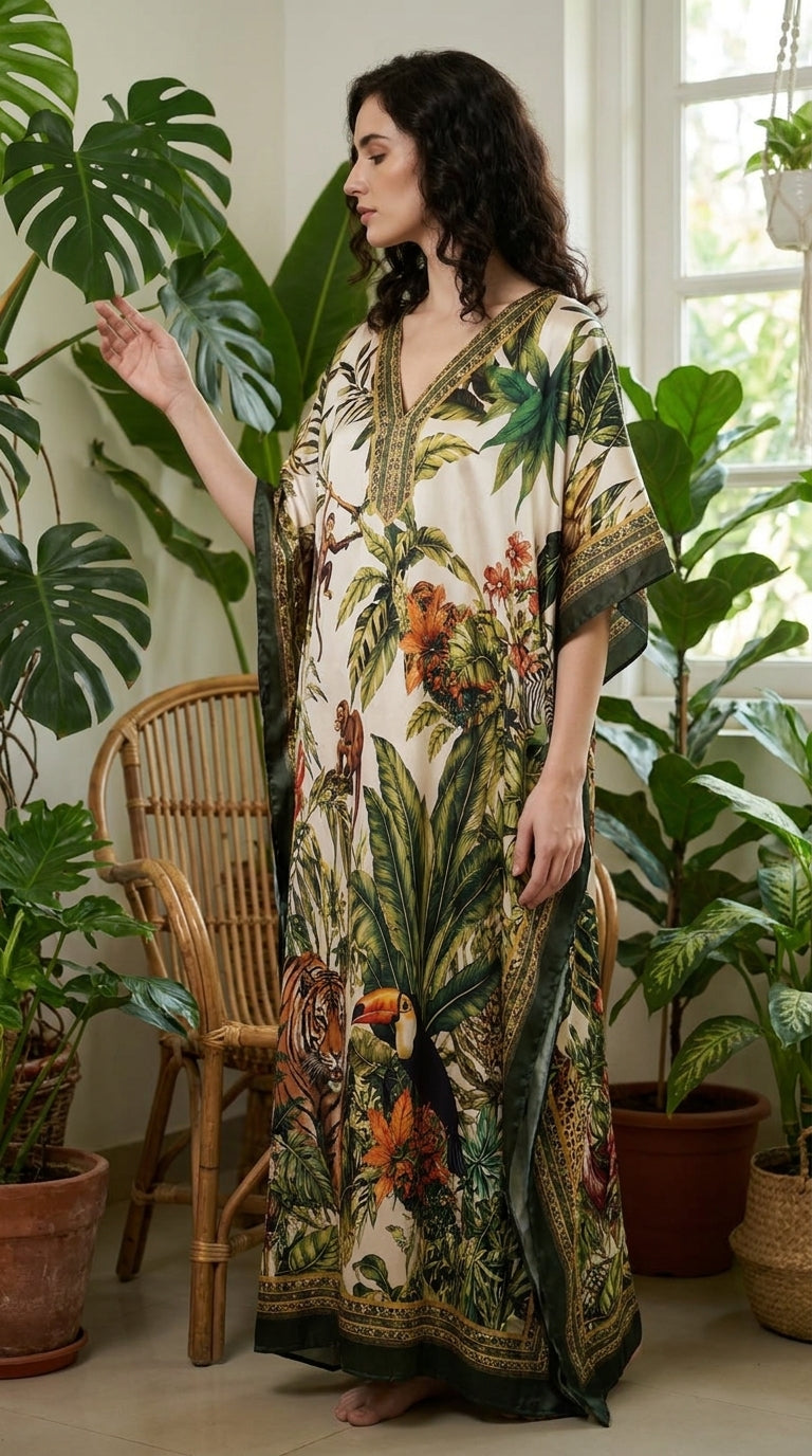 Cream Tropical Print Satin Women Plus Size Kaftan Summer Dress 1X-3X - Gypsie Blu