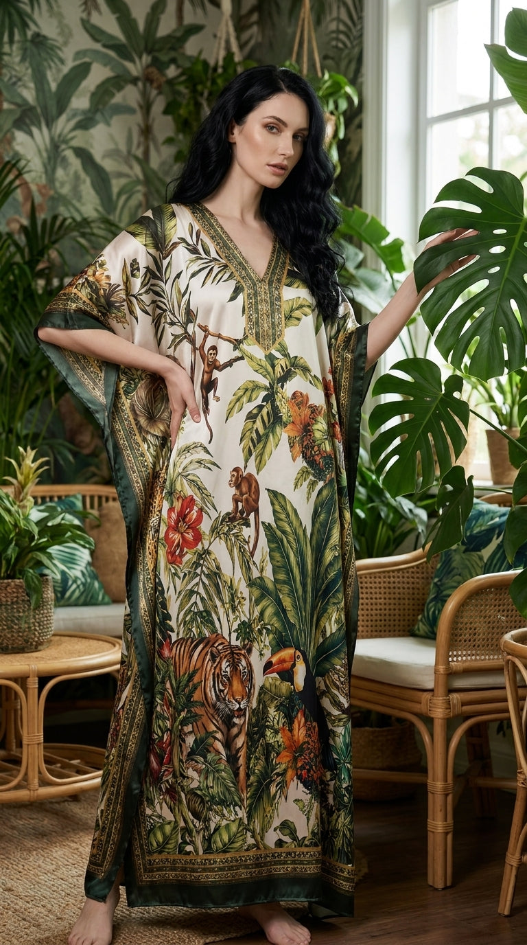 Cream Tropical Print Satin Women Plus Size Kaftan Summer Dress 1X-3X - Gypsie Blu